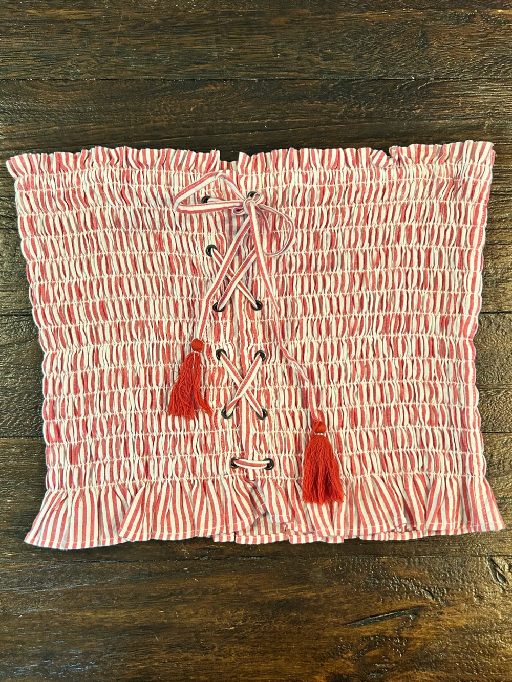 American Eagle Outfitters Red and White Lace Up Smocked Top with Stripes